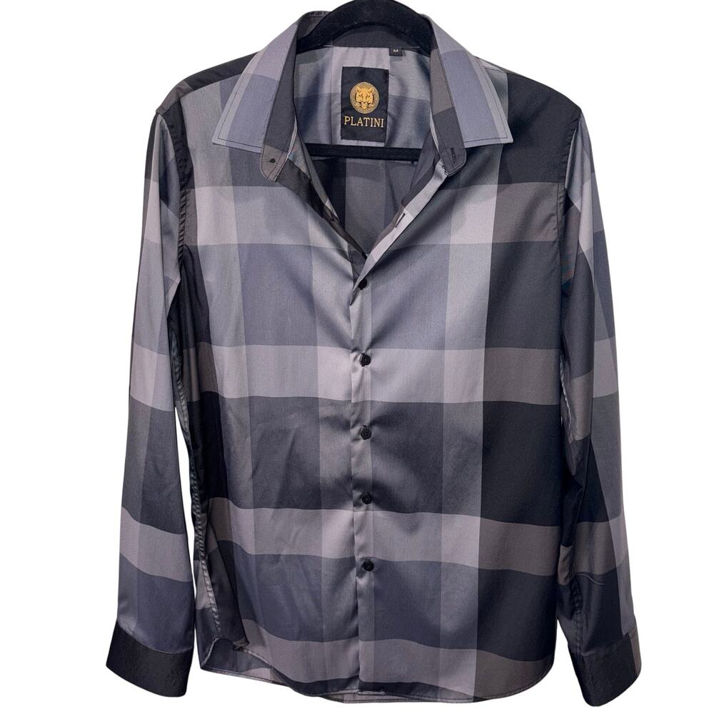 Platini Men's Shirt Modern Fit Plaid Digital Print Long Sleeve Dress Button Up M